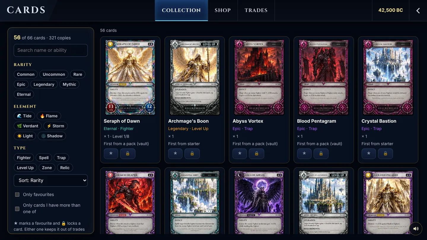 The card collection with filters
