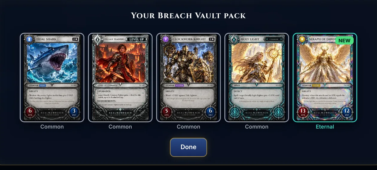 A Breach Vault pack opened in the game, with an Eternal card in the last slot