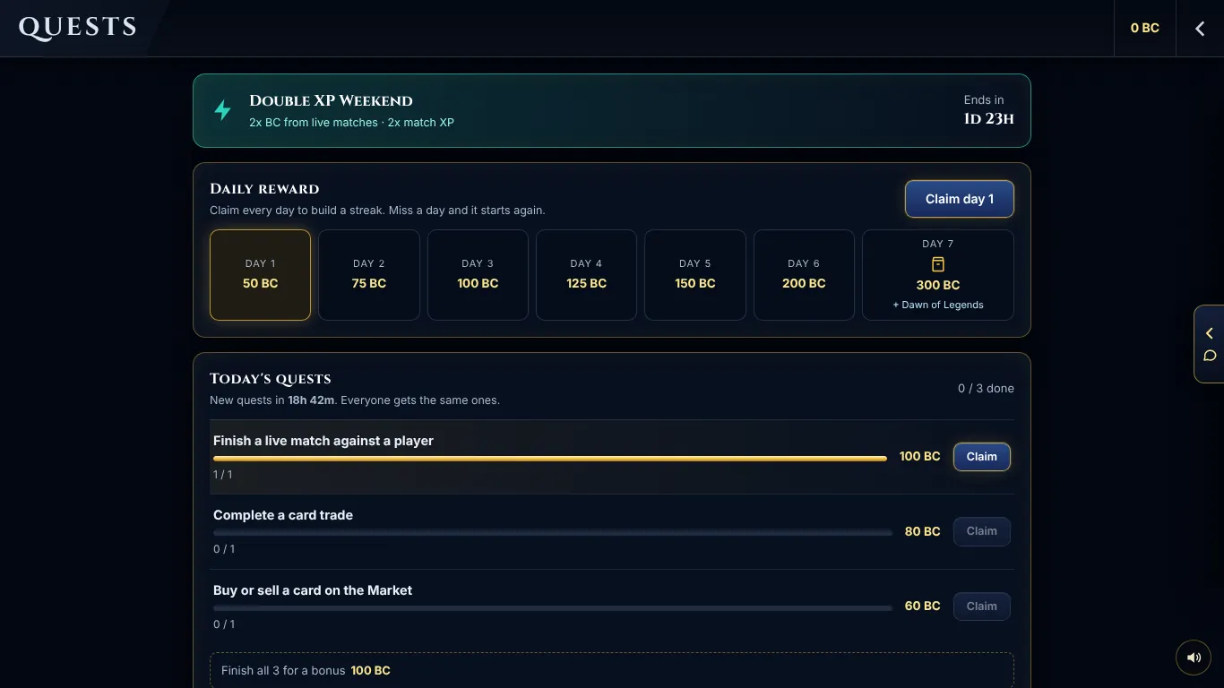 The Quests screen: a Double XP Weekend, the daily reward track and today's quests