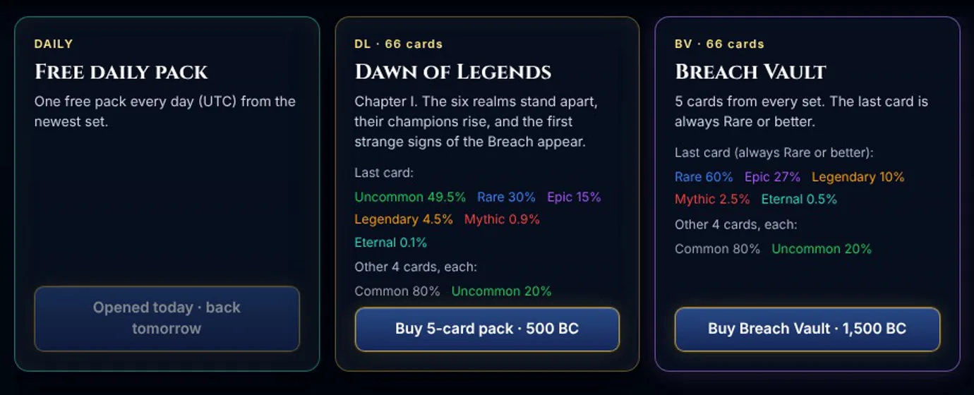 The Card Shop: the free daily pack, Dawn of Legends and the Breach Vault, each with its odds