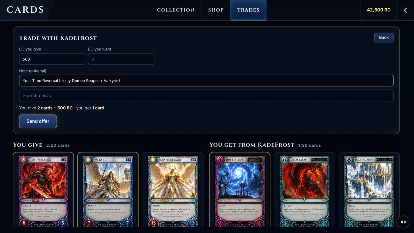Making a trade offer of two cards plus Breach Credits